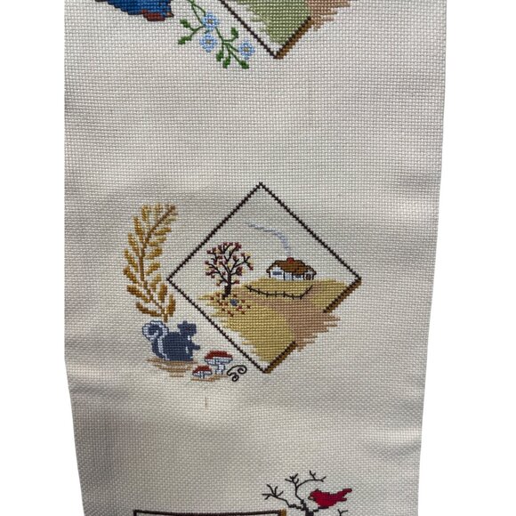 Handmade Cross-Stitch Wall Hanging Four Seasons Design 1984 Signed Needlework - Picture 6 of 8